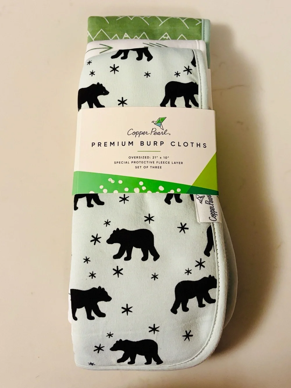Copper Pearl Mint & Green Baby Burp Cloth Set - Bear Print